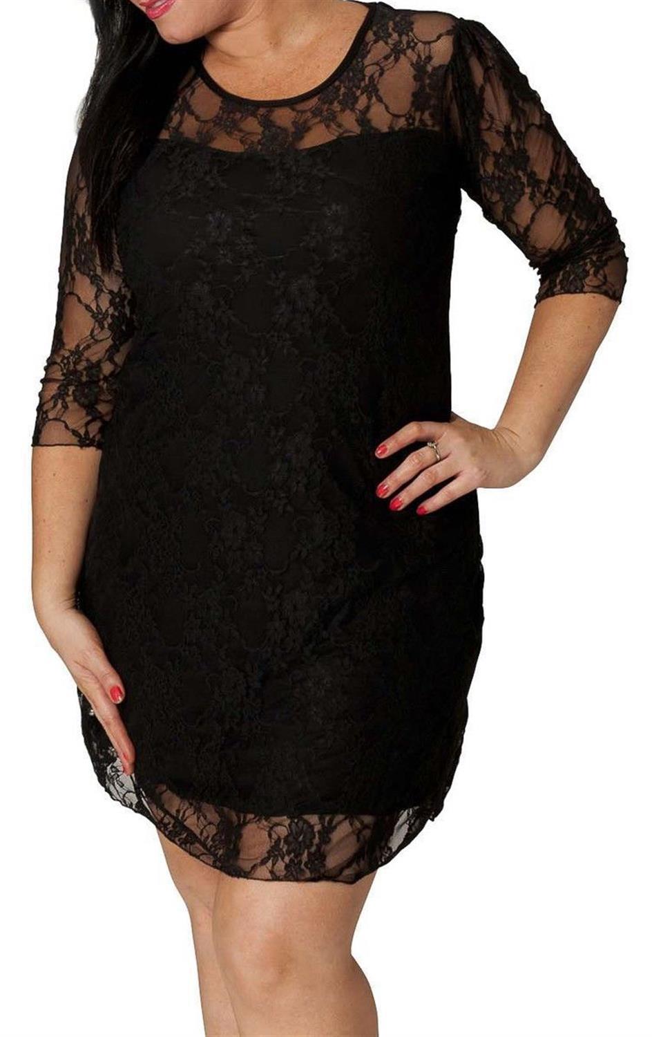 New Womens Plus Size Floral Lace Pattern 3/4 Sleeve Tunic Party Dress ...