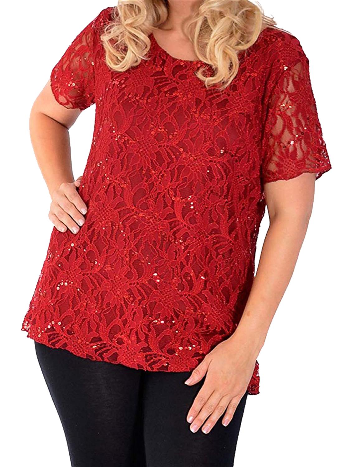 Ladies Plus Size Sequin Detail All Over Floral Lace Tunic T-Shirts Tops ...