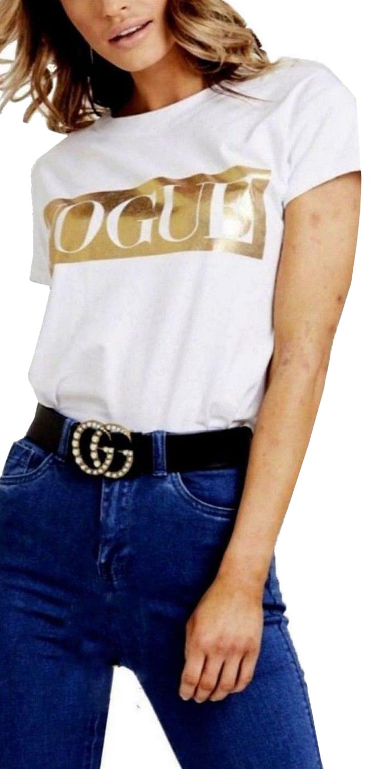 New Womens Casual Short Sleeve T-Shirt Leopard Print VOGUE "Slogan" Party Top