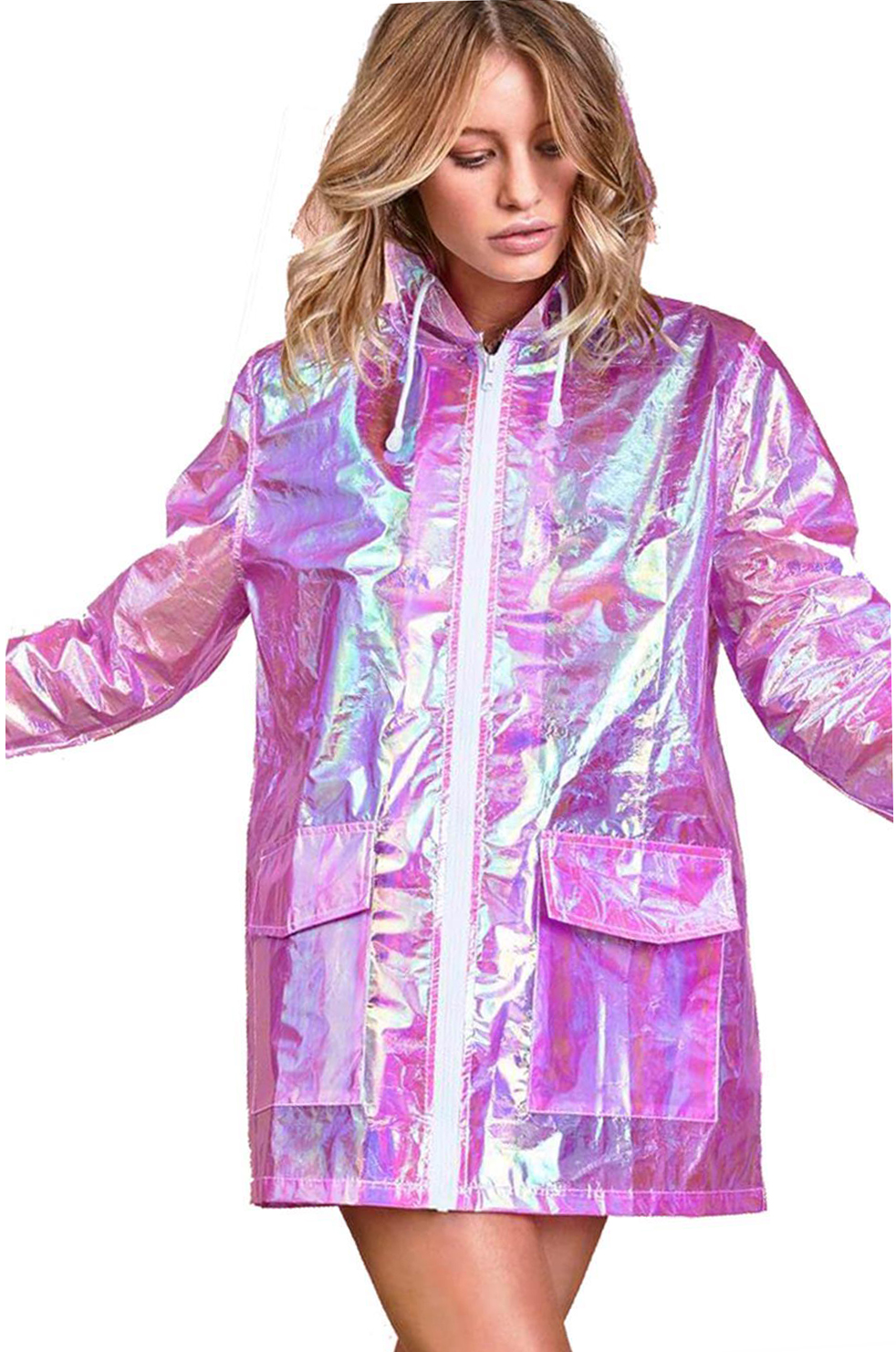 Womens Waterproof Holographic Zipped Neon Festival Mac Jacket Parka ...
