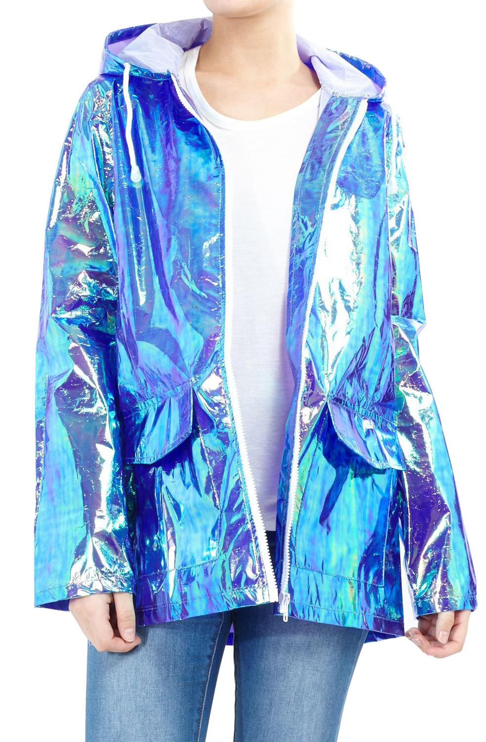 Womens Holographic Waterproof Zipped Neon Festival Jacket Mac Parka ...