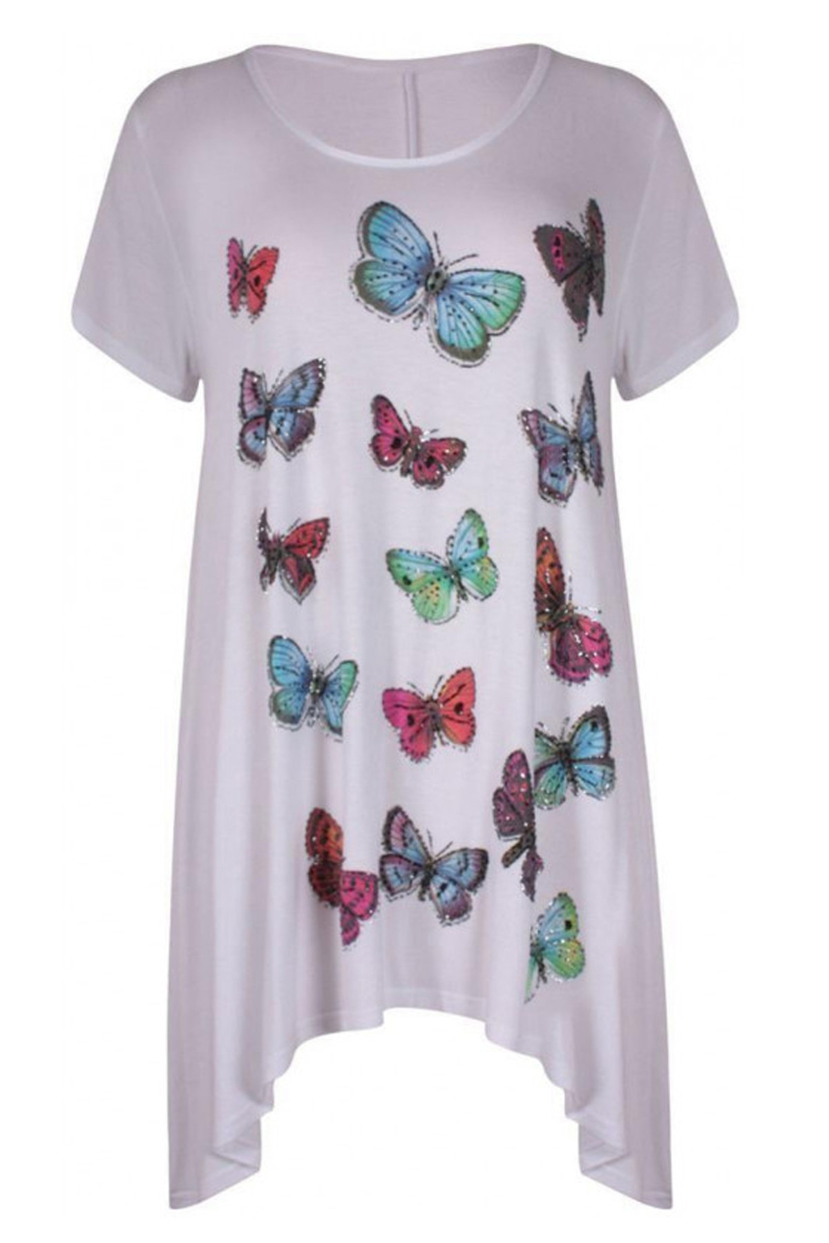 New Womens Hanky Hem Tops Graphic Floral Sequin Butterfly Print Tunic Top 8-26 