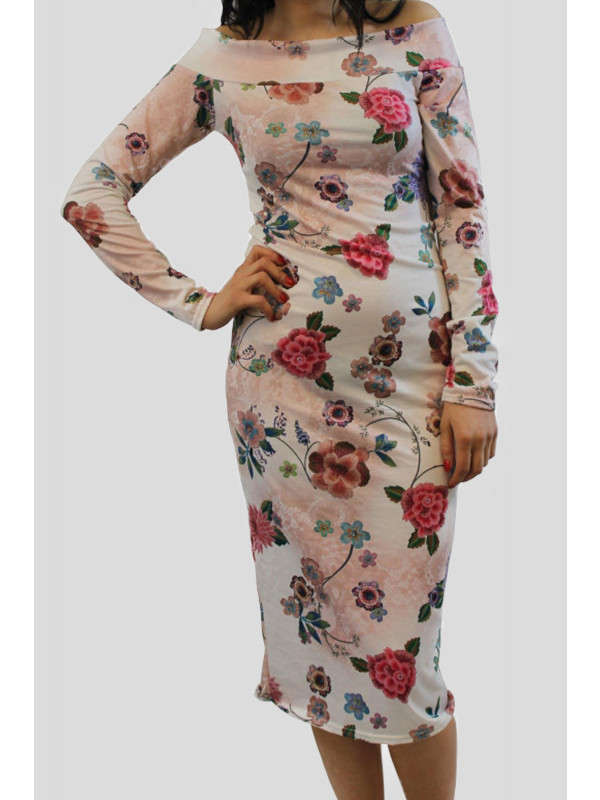 Lucy Plus Size Cream Floral Off Shoulder Midi Dress 16-22