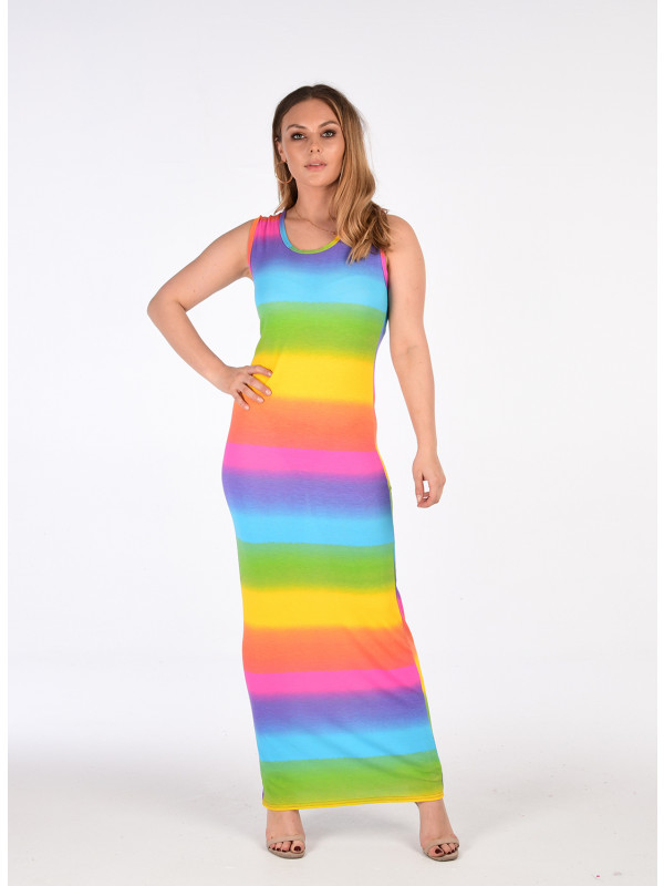 Zahra Rainbow Stripe Multi Colour Print Maxi Dress 8-14