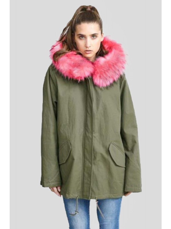 Janelle Plus Size Coral Colour Faux Fur Hooded Jacket 18-24