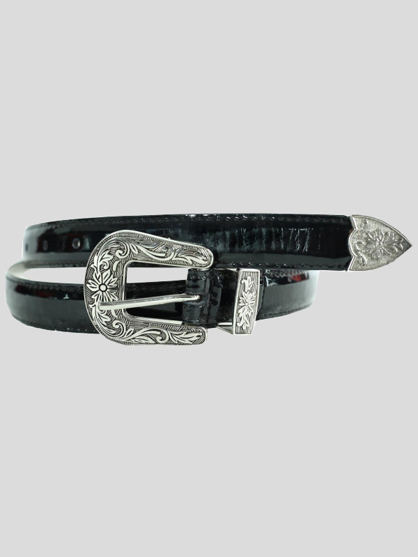 Layla Womens Black Floral Silver Buckle Genuine Leather Belts M-4XL