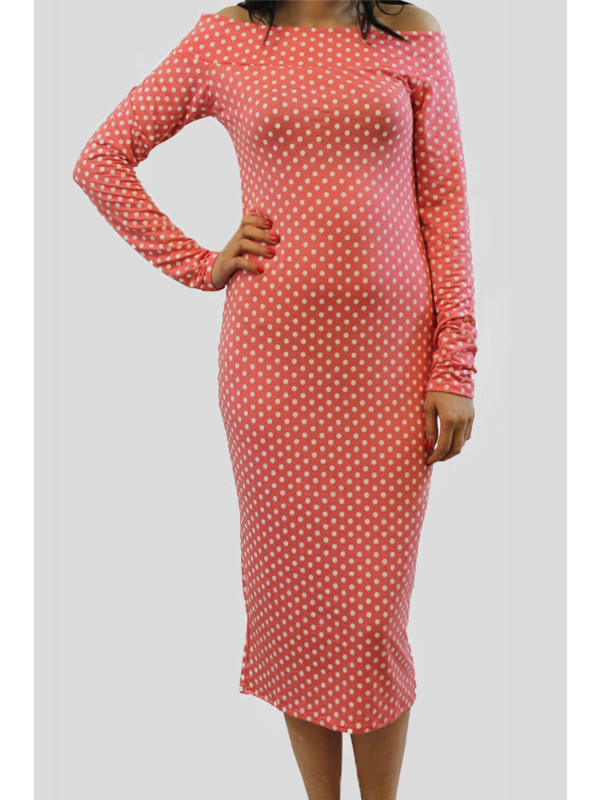 MAY Off Shoulder Coral Polka Dot Print Midi Dress 8-14