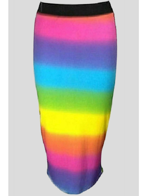 Sasha Plus Size Rainbow Elasticated Waist Striped Midi Skirt 16-22