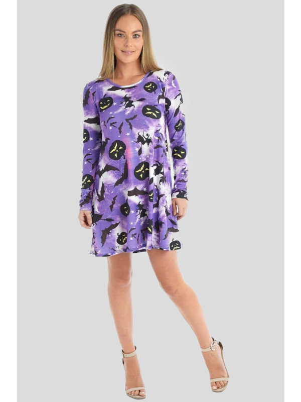 Oakley Plus Size Halloween Purple-Pumpkin Bat Print Swing Dress 16-26
