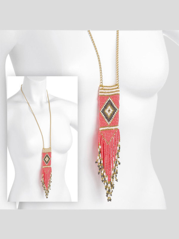 Olivia Peach Gold Color Tribal Look Seed Bead Tassel Necklace