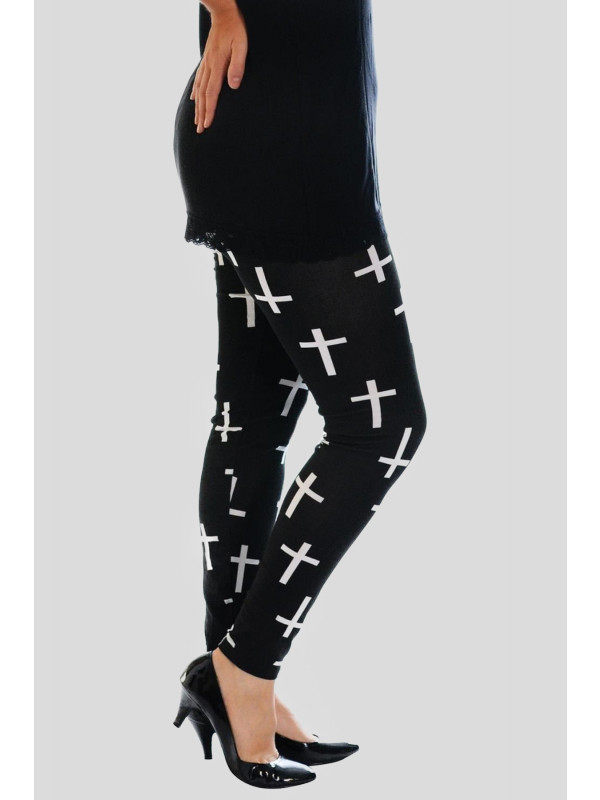 Gianna Plus Size Black Cross Print Stretchy Leggings 16-26