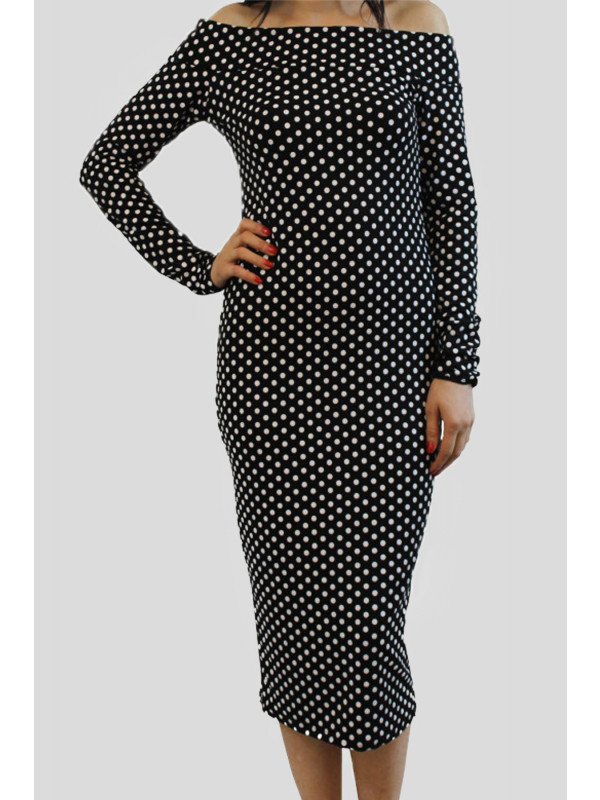 KAYLEIGH Black Polka Dot Off Shoulder Midi Dress 8-14