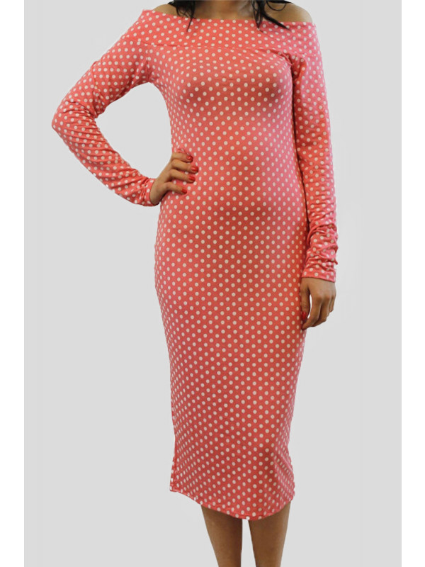 Molly Plus Size Off Shoulder Coral Polka Dot Print Midi Dress 16-22